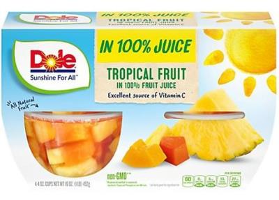 CF100-OU : Dole CF100-OU : Déjeuner et collations - Fruité - Salade De Fruit Tropicale Jus DOLE , SALADE DE FRUIT tropicale jus , 6 x (4 x 107ml)