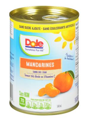 CF714-OU : Dole CF714-OU : Déjeuner et collations - Fruité - Mandarines En DÉes Eau DOLE , MANDARINES EN DÉES eau ,12 x 540ml (tin metal)