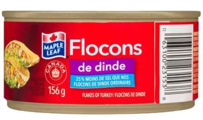 CV67 : Maple leaf CV67 : Conserves et bocaux - Viandes - Flocons De Dinde Moins Sel MAPLE LEAF , FLOCONS DE DINDE moins sel , 24 x 156g