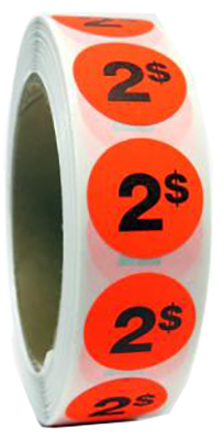 PR002 : Rouleaux de prix PR002 : Accessoires & fournitures - Autocollants à rabais - 2$ Fluo ROULEAUX DE PRIX, 2$ FLUO , 1000/rlx